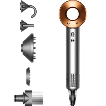 Dyson Supersonic Hair Dryer in Nickel/Copper with various styling attachments for fast drying and versatile styling.
