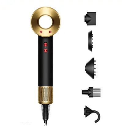 Dyson Supersonic Hair Dryer in Onyx and Gold with various styling attachments for all hair types.