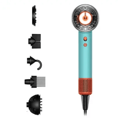 Dyson Supersonic Nural™ Hair Dryer in Ceramic Patina with styling attachments on display.