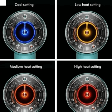 Heat settings of Dyson Supersonic Nural™ Hair Dryer: cool, low, medium, and high, displayed on a sleek interface.