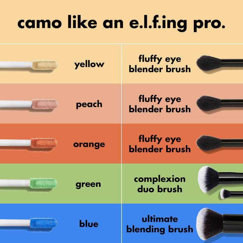 Colorful brushes for e.l.f. Camo Color Corrector, including fluffy blenders and complexion duo brushes.