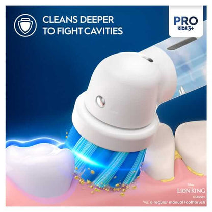 Oral-B Pro Kids Electric Toothbrush Lion King head cleaning teeth, designed for kids 3+, fights cavities effectively.