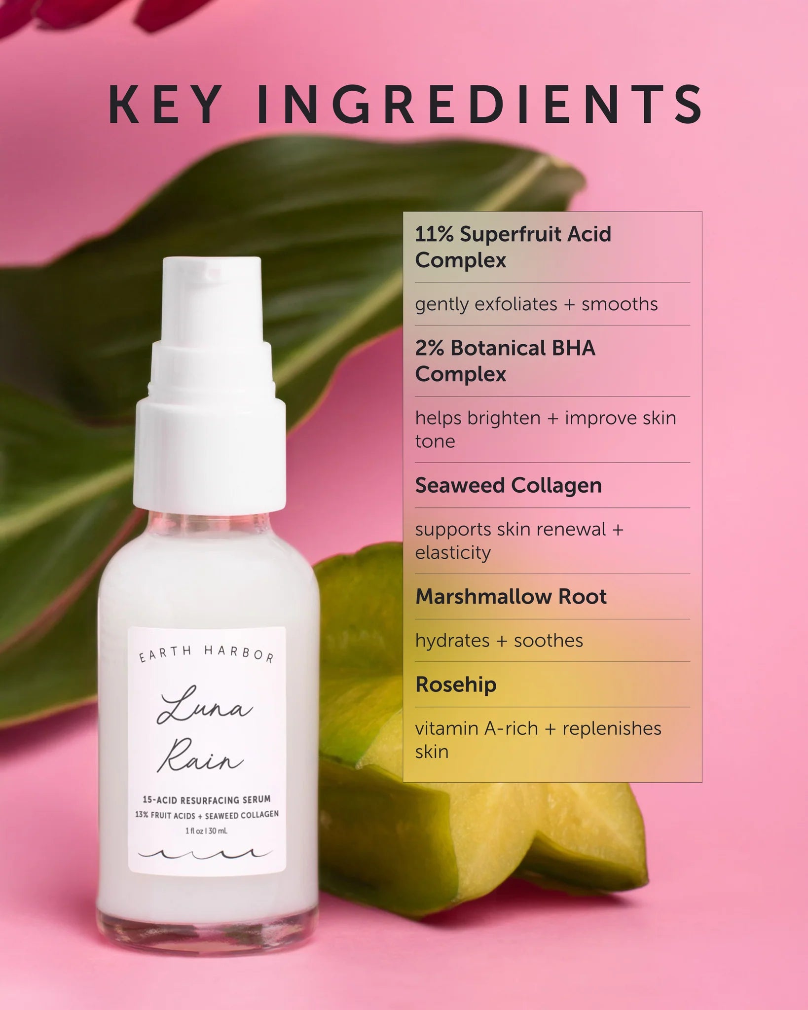 Earth Harbor Skincare serum bottle with key ingredients listed on a pink background