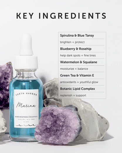Earth Harbor Cosmetic bottle with key ingredients listed on a white background
