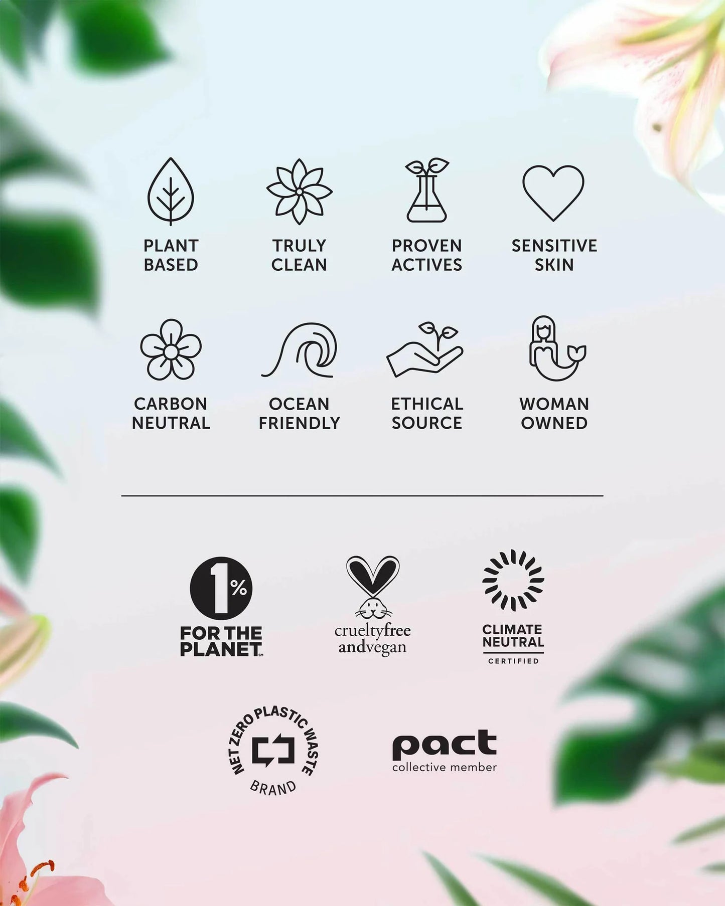 Earth Harbor Set of sustainability and ethical certification logos on a light background with floral elements.
