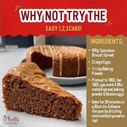 Speculoos Creamy Biscuit Spread 400g used in an easy 1,2,3 cake recipe with ingredients listed.
