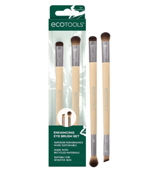 Set of EcoTools four eco-friendly eye brushes with packaging on a white background