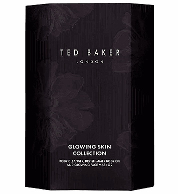 Ted Baker Glowing Skin Collection box featuring body cleanser, shimmer oil, and face masks for radiant skin.