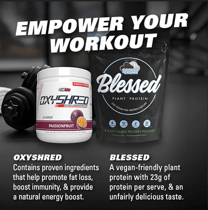 EHP Labs OxyShred Passionfruit and Blessed Plant Protein for energy and fat loss support during workouts.