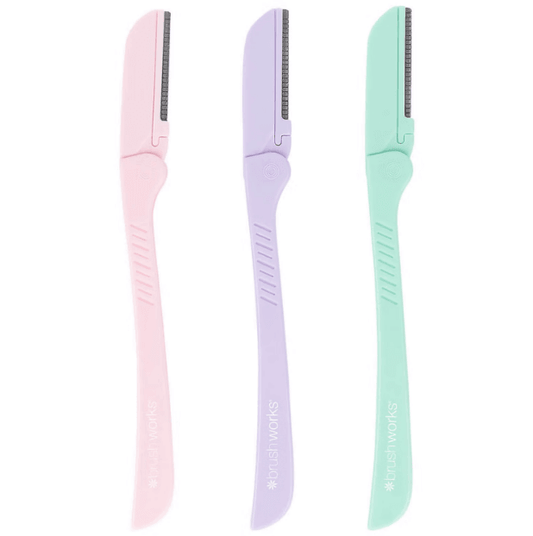 Brushworks Precision Eyebrow Razors in pastel colors - pack of 3 for painless hair removal and flawless makeup application.