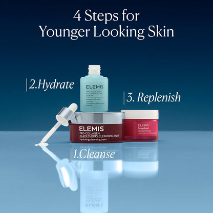Elemis skincare products with steps for younger looking skin on a blue background
