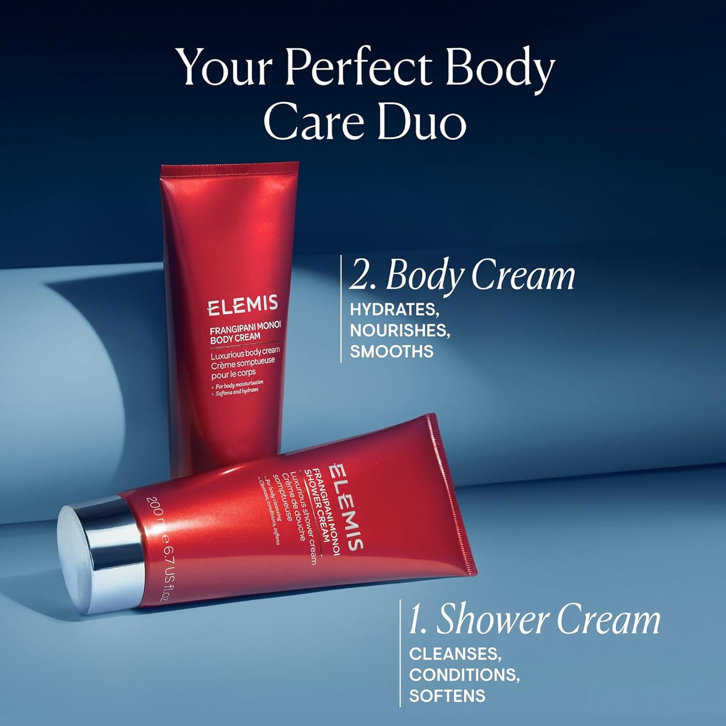 Two red ELEMIS body care products on a blue background with text describing their functions.