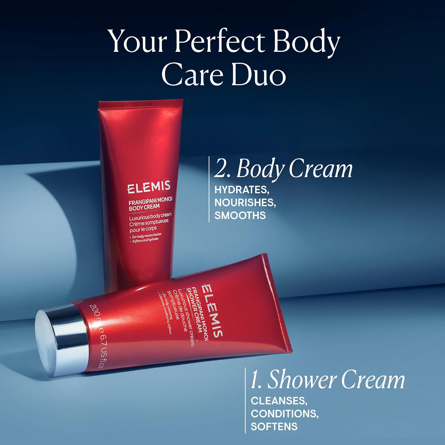 Two red ELEMIS body care products on a blue background with text describing their functions.