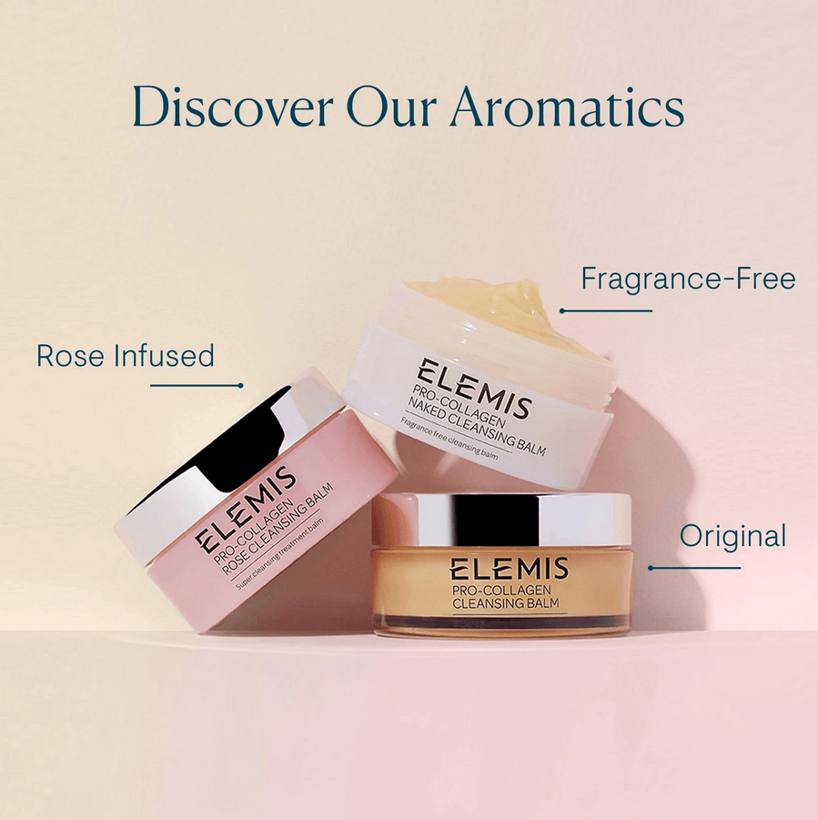 Three Elemis cleansing balms on a light pink background with text indicating different scents.