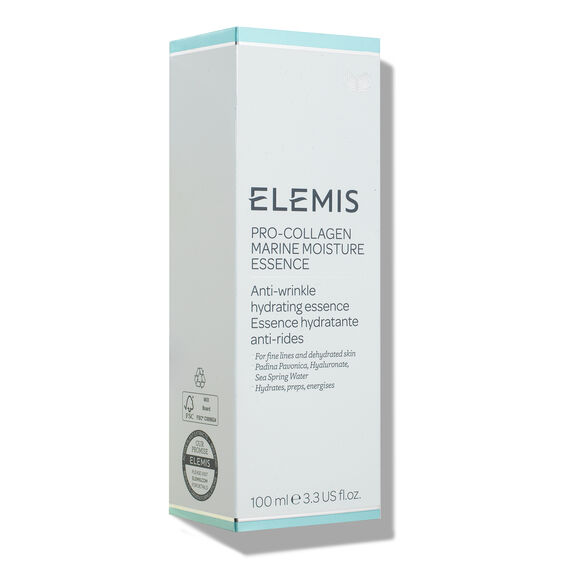 Elemis Pro-collagen Marine Moisture Essence packaging showcasing anti-wrinkle hydrating benefits.