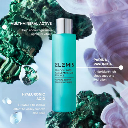 Elemis Pro-collagen Marine Moisture Essence bottle with hydrating ingredients for youthful skin.