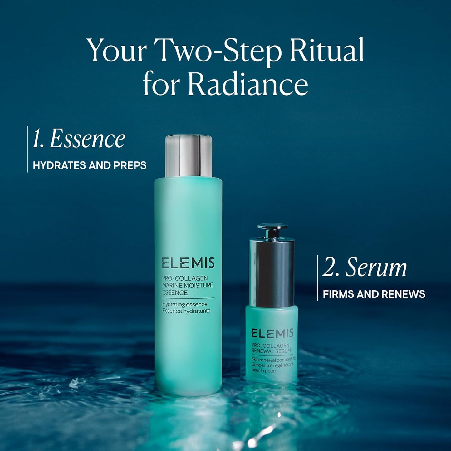 Two ELEMIS skincare products with text on a blue background