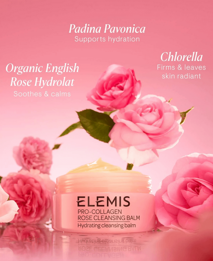 ELEMIS skincare product with pink roses on a pink background
