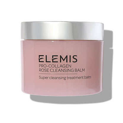 Pink jar of Elemis Pro-Collagen Rose Cleansing Balm on a white background
