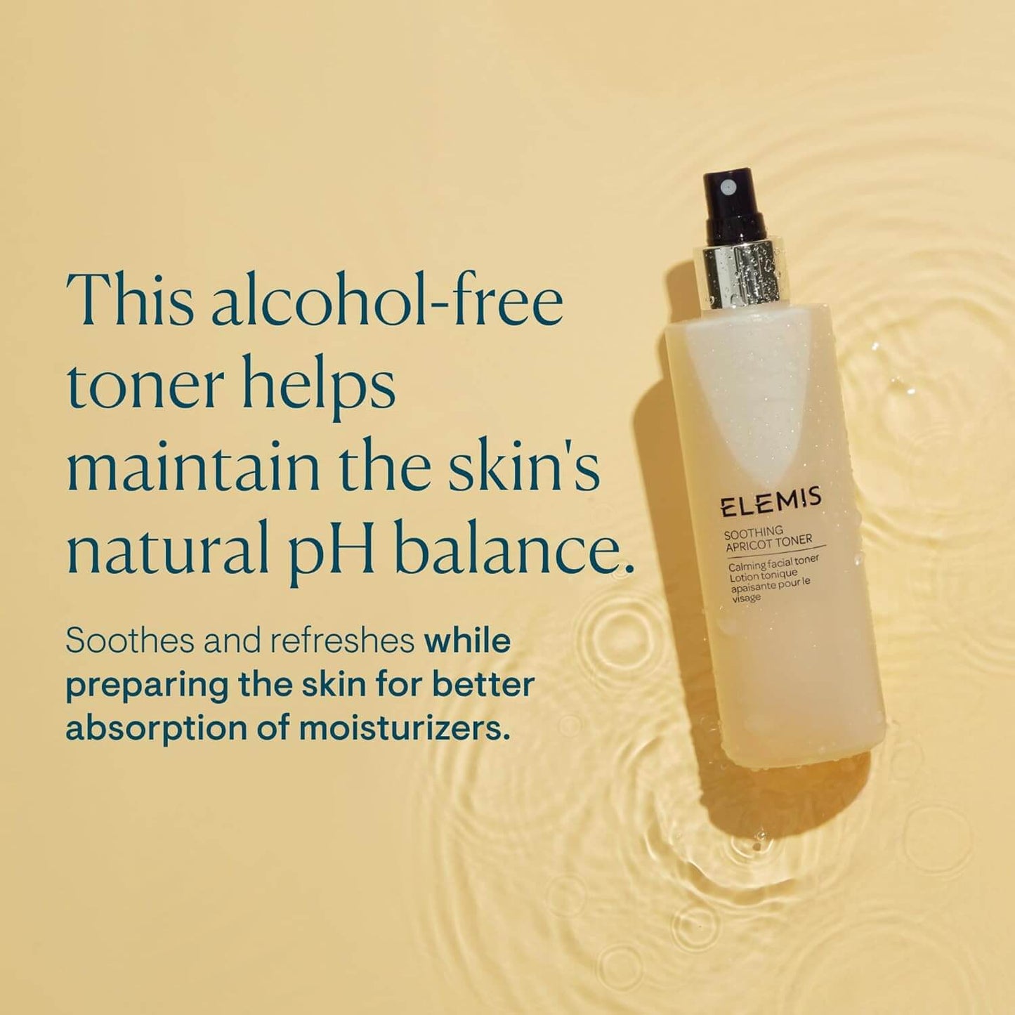 Elemis alcohol-free toner bottle on a beige background with text about its benefits.