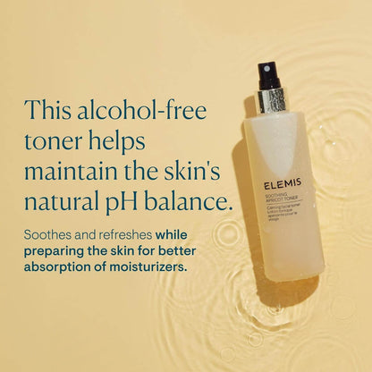Elemis alcohol-free toner bottle on a beige background with text about its benefits.