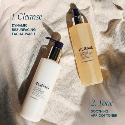 Two Elemis skincare products on a textured beige background