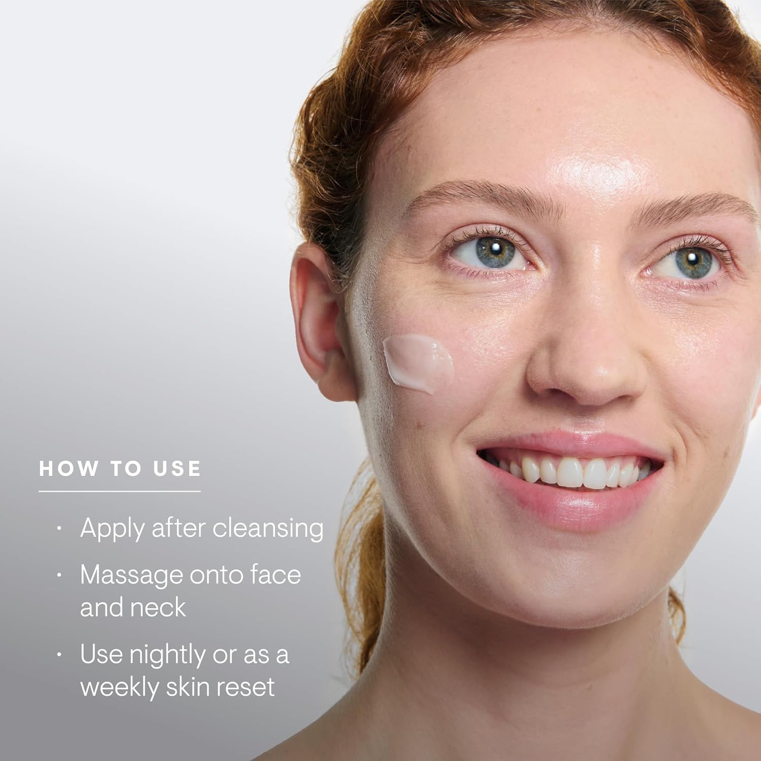 Woman applying ELEMIS skincare product with text on how to use it