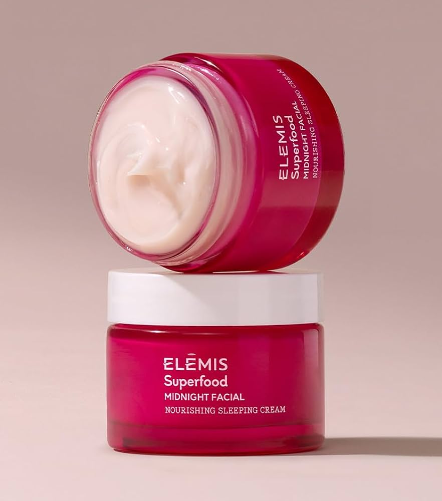 Two jars of Elemis Superfood Midnight Facial Nourishing Sleeping Cream on a beige background
