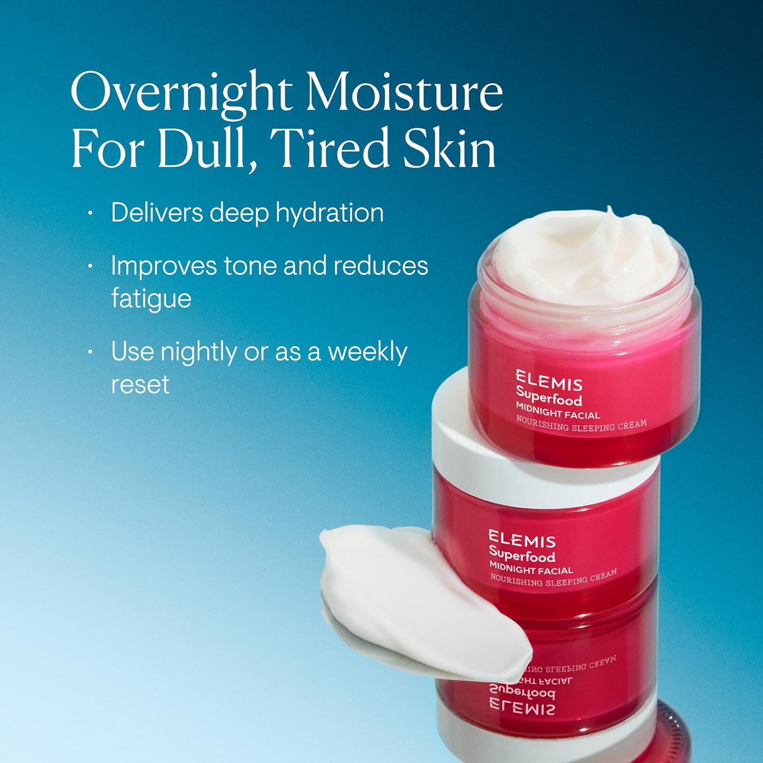 ELEMIS Superfood Midnight Facial cream jars with text on a blue gradient background