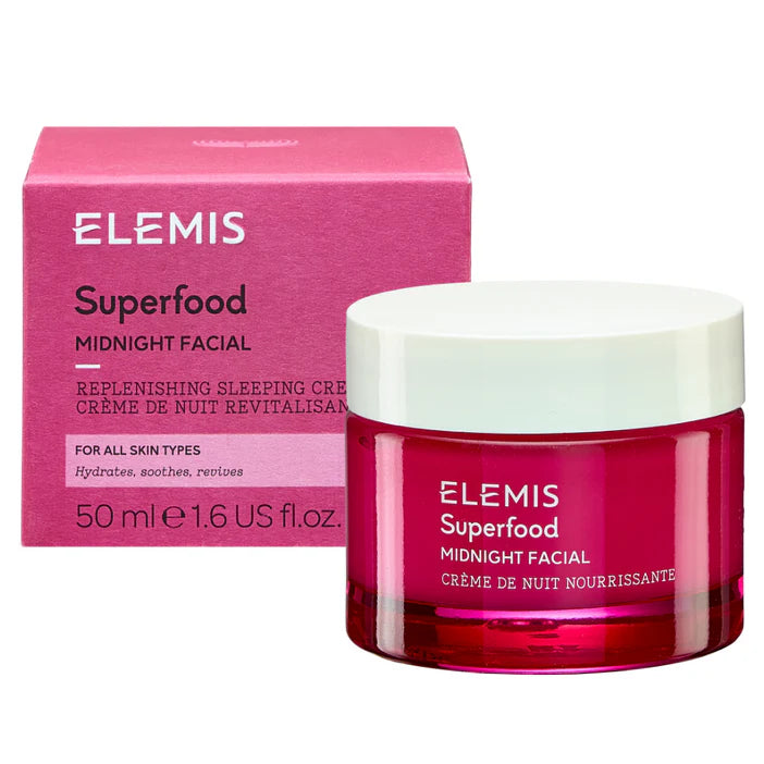 Elemis Superfood Midnight Facial cream jar and packaging on a white background