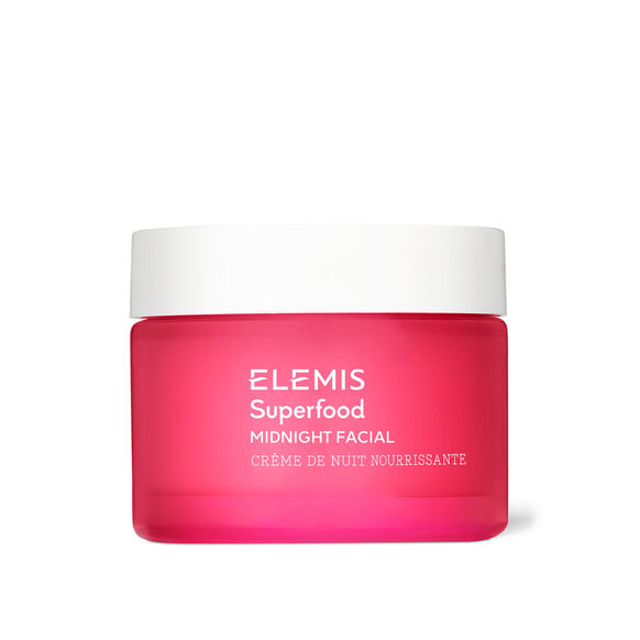 Red jar of Elemis Superfood Midnight Facial on a white background