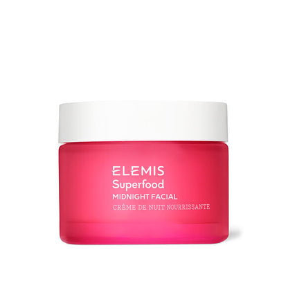 Red jar of Elemis Superfood Midnight Facial on a white background