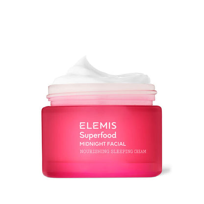 Pink jar of ELEMIS Superfood Midnight Facial Nourishing Sleeping Cream on a white background