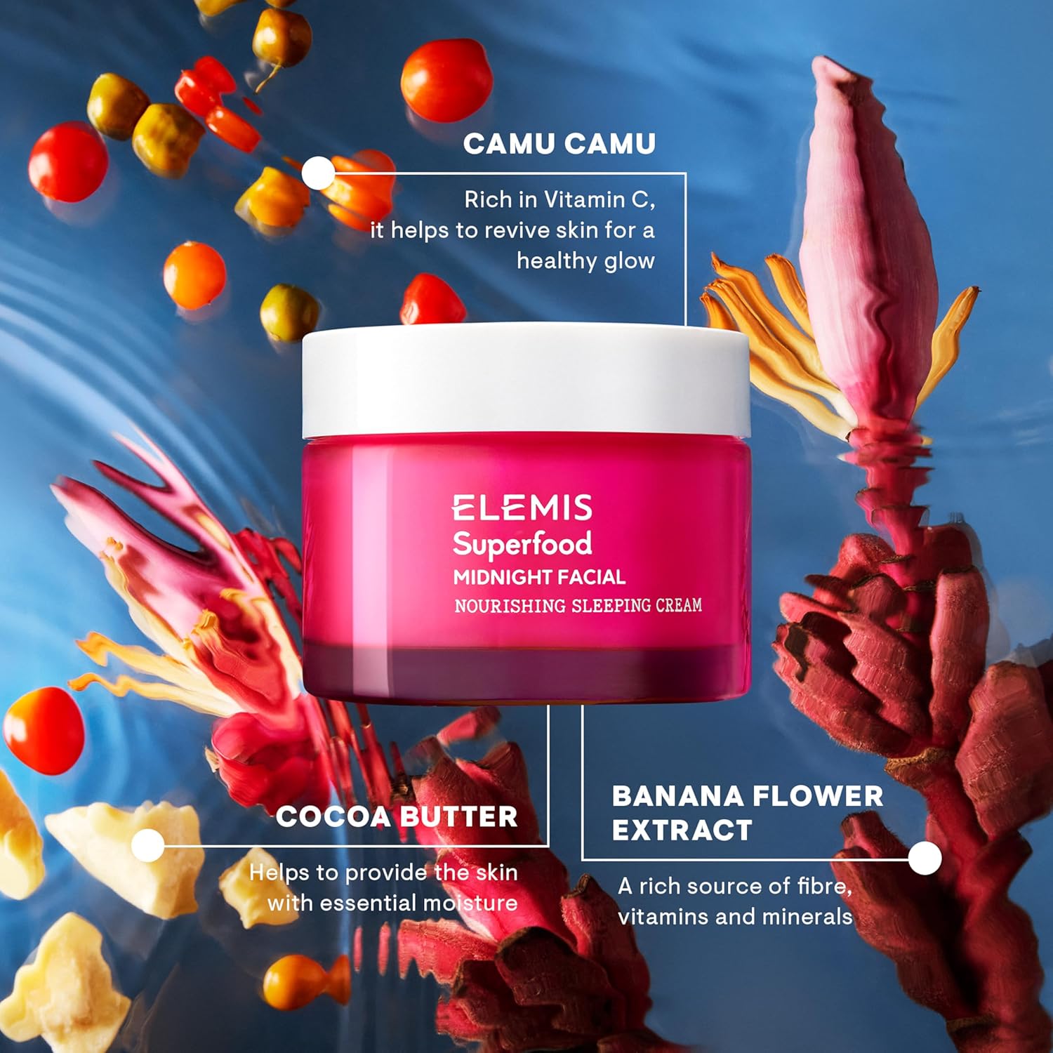 ELEMIS Superfood skincare product with ingredients like camu camu, cocoa butter, and banana flower extract on a colorful background.