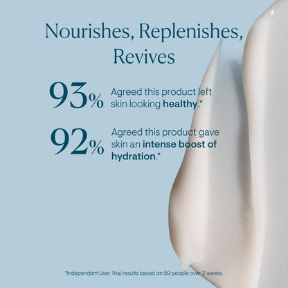 ELEMIS Product advertisement with text on a blue background, featuring a droplet graphic.