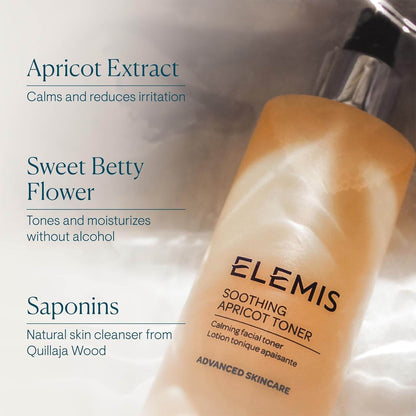 ELEMIS soothing apricot toner bottle with ingredients listed on a white background