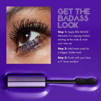 Step-by-step guide for using e.l.f Big Mood Mascara to achieve bold, dramatic lashes.
