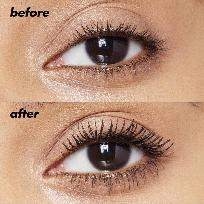 Before and after using e.l.f Big Mood Mascara showcasing dramatic lash volume and definition.