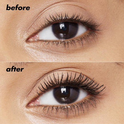 Before and after using e.l.f Big Mood Mascara showcasing dramatic lash volume and definition.