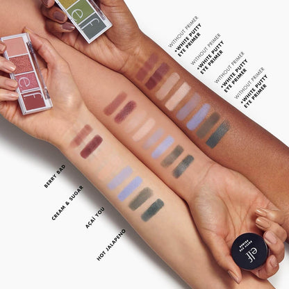 Hands with makeup swatches on arms and e.l.f. eye shadow palette