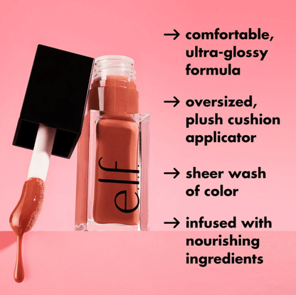 e.l.f Glow Reviver Lip Oil in packaging with applicator, highlighting glossy formula and nourishing ingredients.