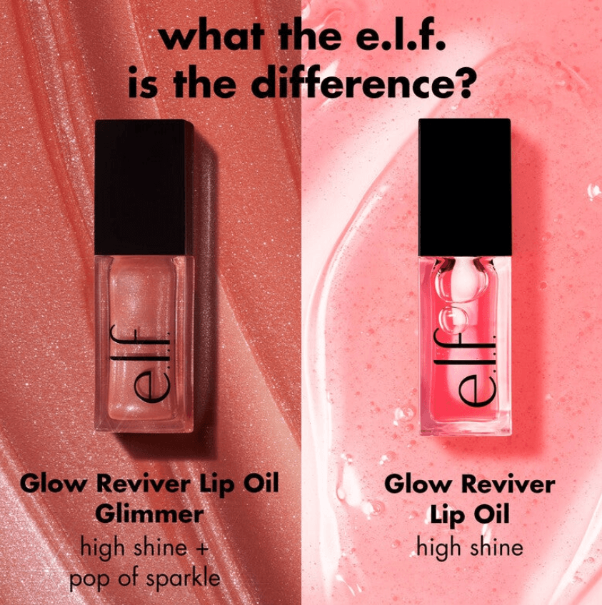 Comparison of e.l.f Glow Reviver Lip Oil and Glimmer Lip Oil, showcasing their shine and sparkle features.