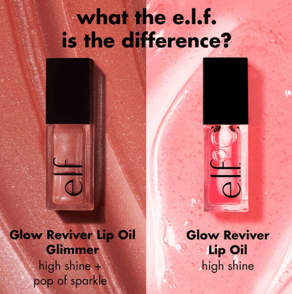 Comparison of e.l.f Glow Reviver Lip Oil and Glimmer Lip Oil, showcasing their shine and sparkle features.