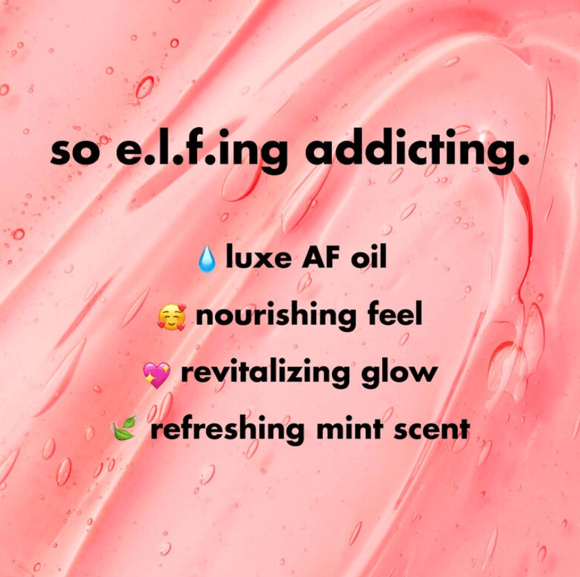 Pink background with text highlighting benefits of e.l.f Glow Reviver Lip Oil: luxe oil, nourishing feel, revitalizing glow, mint scent.