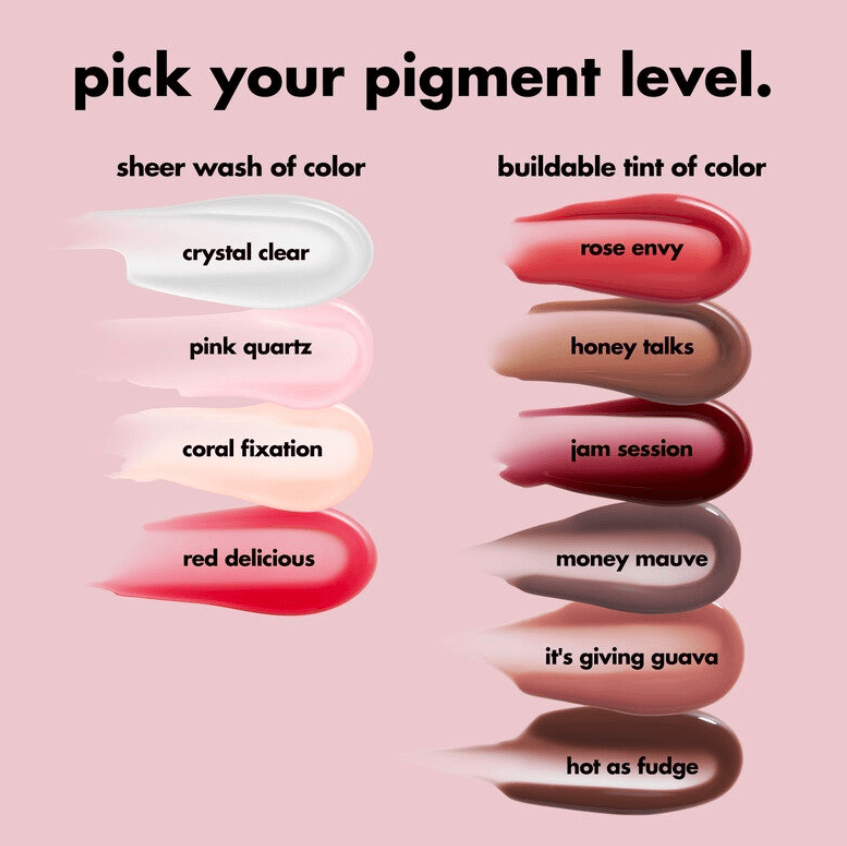 Different lip oil shades showing sheer and buildable pigments: crystal clear, rose envy, honey talks, and more.