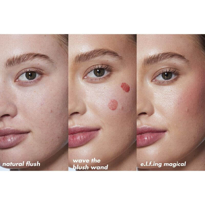 Three images showcasing e.l.f Halo Glow Blush Beauty Wand application for a natural flush, blended look, and radiant finish.