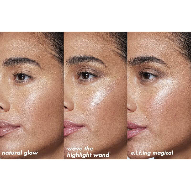 e.l.f Halo Glow Highlight Wand skin shades demonstration showcasing natural glow, highlight wand, and e.l.f.ing magical finish.