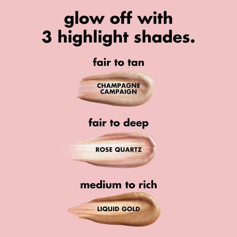 Swatches of e.l.f Halo Glow Highlight Beauty Wand in three shades: Champagne Campaign, Rose Quartz, and Liquid Gold.