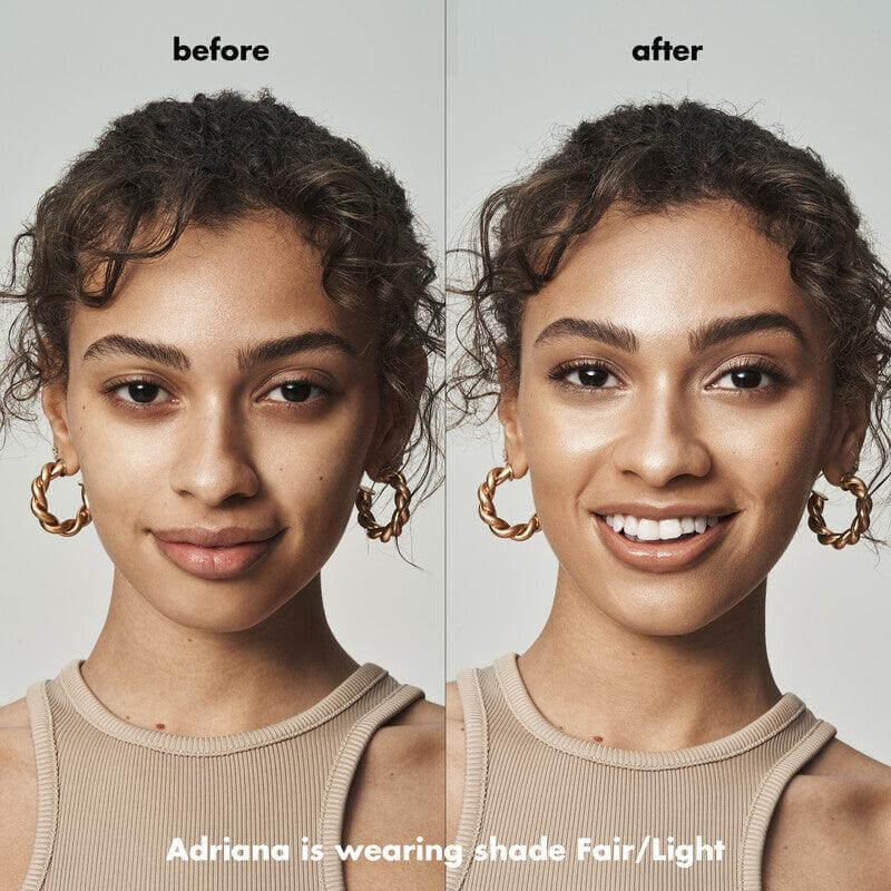 Model before and after applying e.l.f Halo Glow Liquid Filter in shade Fair/Light for a radiant glow.