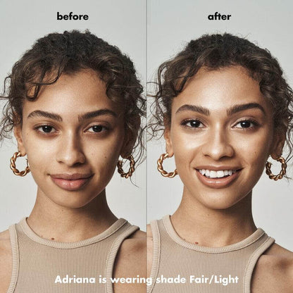 Model before and after applying e.l.f Halo Glow Liquid Filter in shade Fair/Light for a radiant glow.